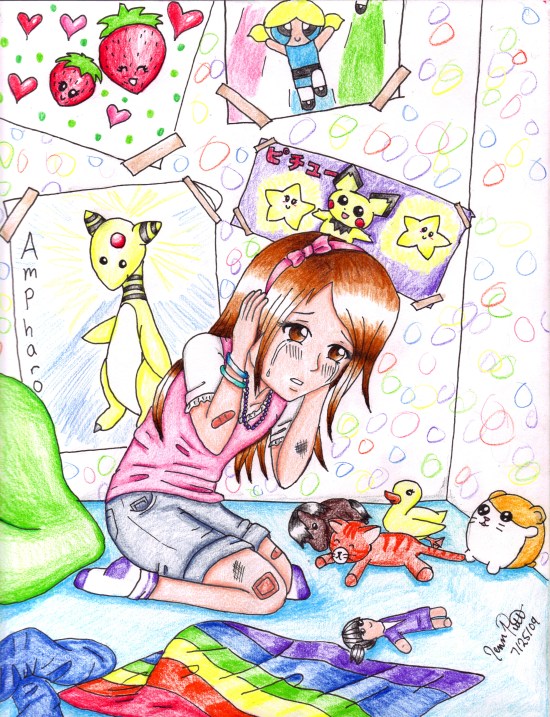 divorce art girl crying ears covered inr= room